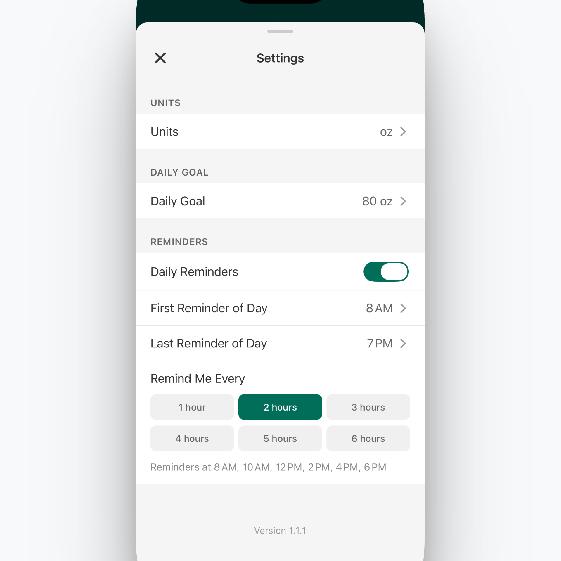 Water Daisy settings screen for daily goal and reminder customization